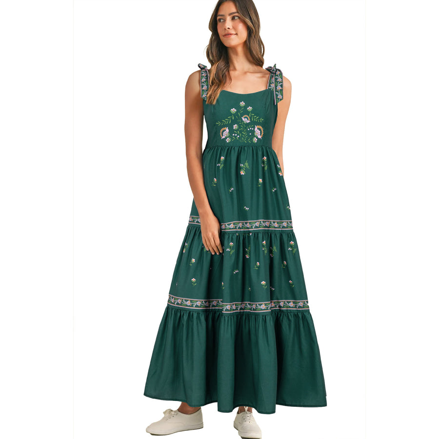 Blackish Green Floral Smocked Back Tied Straps Tiered Maxi Dress Dresses/Floral Dresses