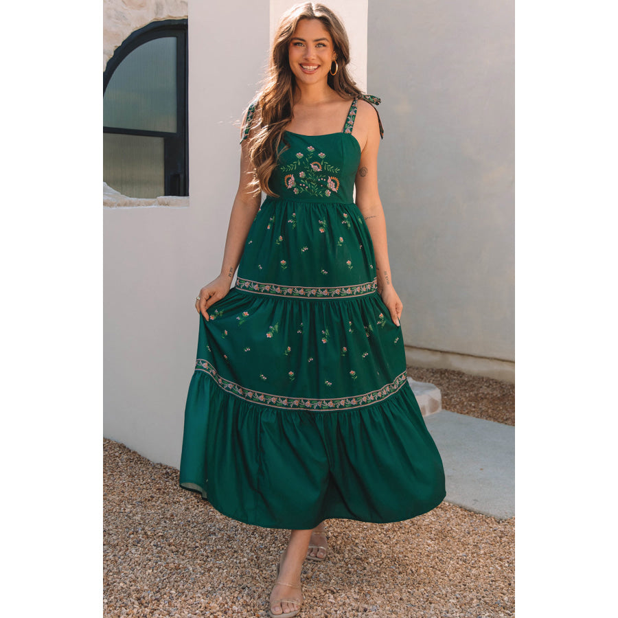 Blackish Green Floral Smocked Back Tied Straps Tiered Maxi Dress Dresses/Floral Dresses