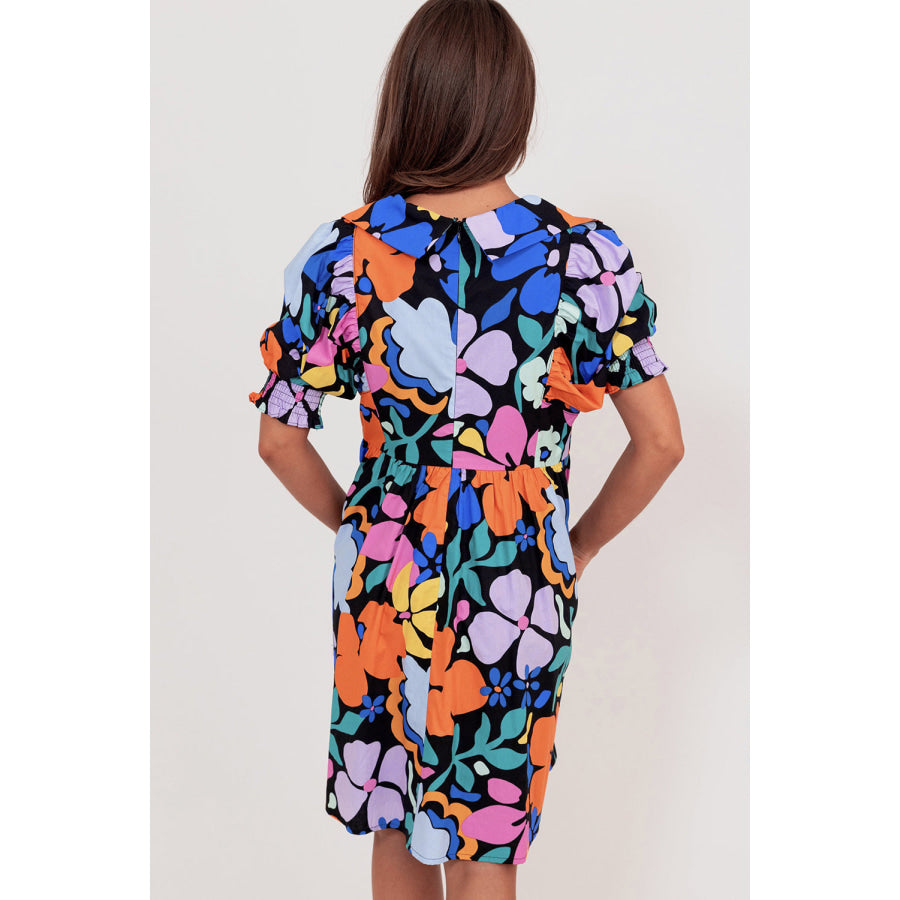 Blue Collared Split Neck Floral Flared Dress Dresses/Floral Dresses