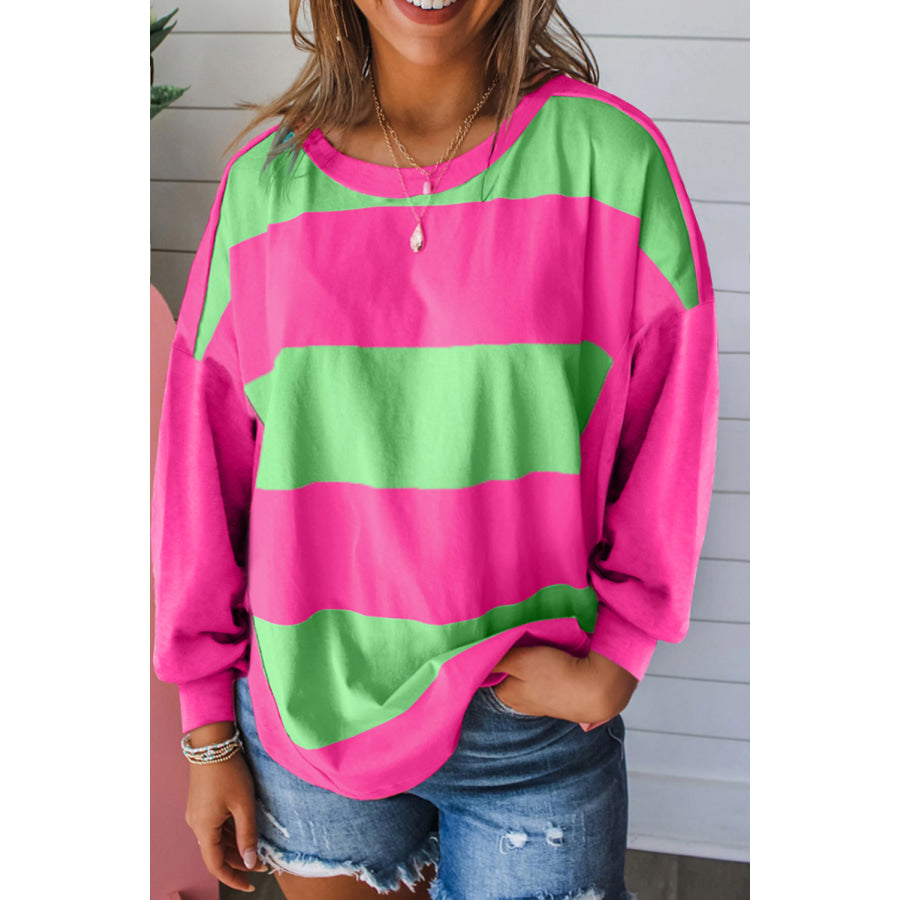Blue Colorblock Striped Drop Shoulder Loose Top Light Green / S / 95% Polyester + 5% Elastane Tops/Long Sleeve Tops