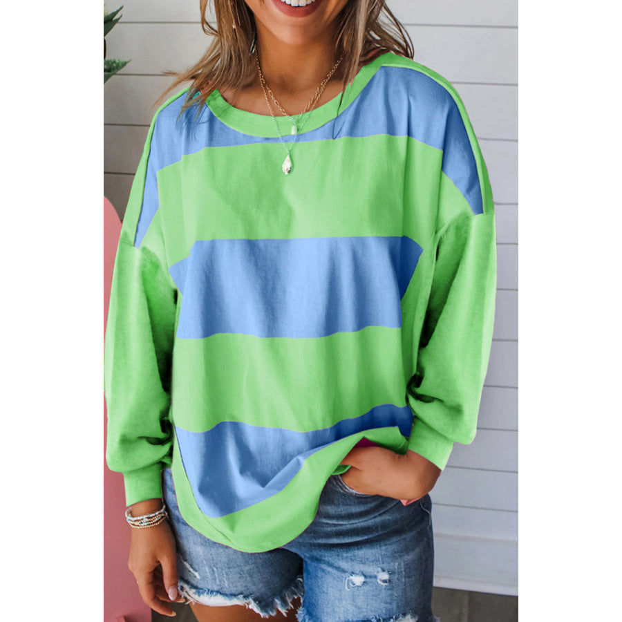 Blue Colorblock Striped Drop Shoulder Loose Top Blue / S / 95% Polyester + 5% Elastane Tops/Long Sleeve Tops