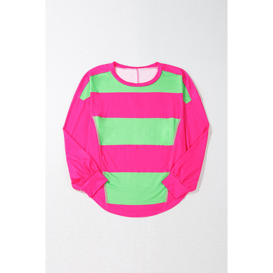 Blue Colorblock Striped Drop Shoulder Loose Top Tops/Long Sleeve Tops