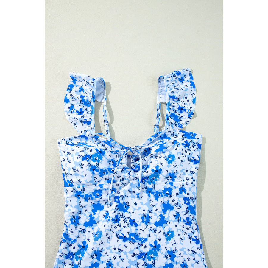 Blue Floral Ruffled Strap Lace-up Hollow Out One Piece Swimsuit Swimwear/One Piece Swimsuit
