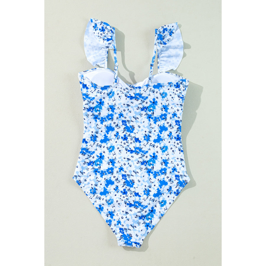 Blue Floral Ruffled Strap Lace-up Hollow Out One Piece Swimsuit Swimwear/One Piece Swimsuit