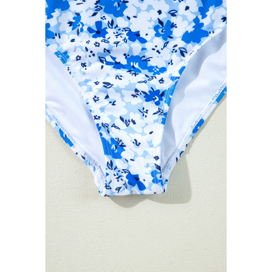 Blue Floral Ruffled Strap Lace-up Hollow Out One Piece Swimsuit Swimwear/One Piece Swimsuit