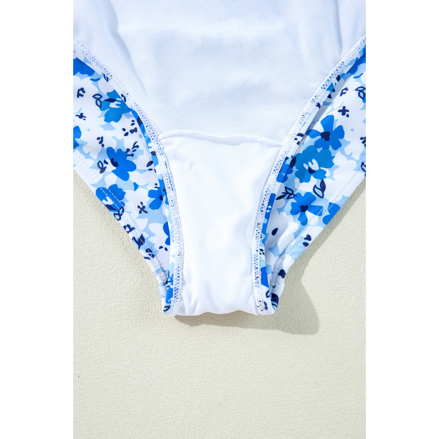 Blue Floral Ruffled Strap Lace-up Hollow Out One Piece Swimsuit Swimwear/One Piece Swimsuit
