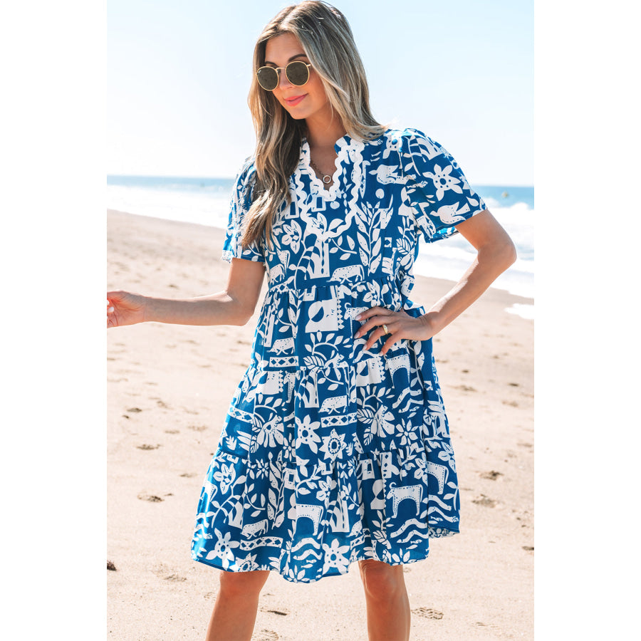 Blue Ricrac Trim Split Neck Floral Loose Dress Dresses/Floral Dresses