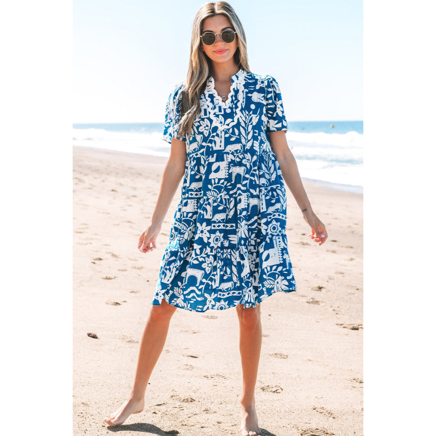 Blue Ricrac Trim Split Neck Floral Loose Dress Dresses/Floral Dresses