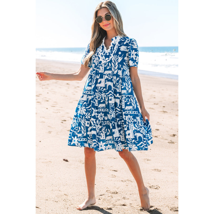Blue Ricrac Trim Split Neck Floral Loose Dress Dresses/Floral Dresses