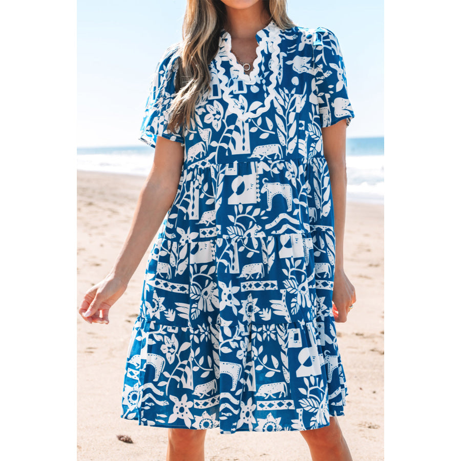 Blue Ricrac Trim Split Neck Floral Loose Dress Dresses/Floral Dresses