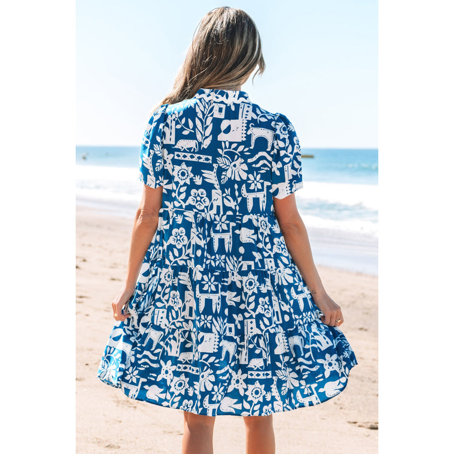 Blue Ricrac Trim Split Neck Floral Loose Dress Dresses/Floral Dresses