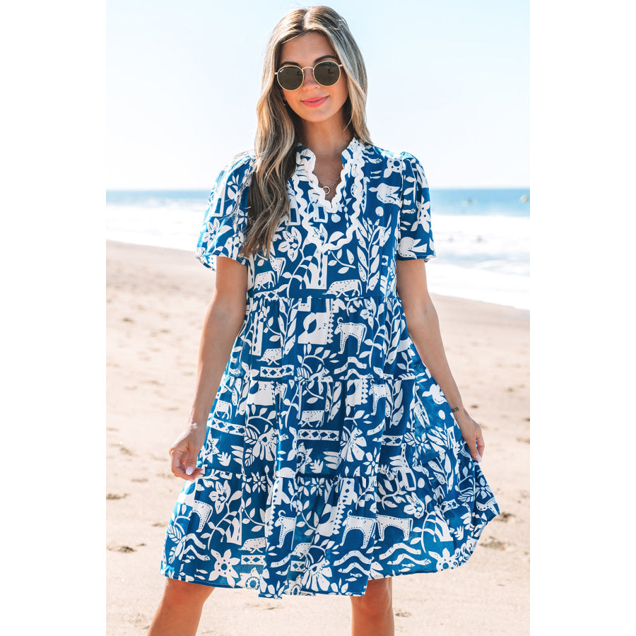 Blue Ricrac Trim Split Neck Floral Loose Dress Dresses/Floral Dresses