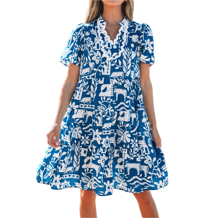 Blue Ricrac Trim Split Neck Floral Loose Dress Dresses/Floral Dresses
