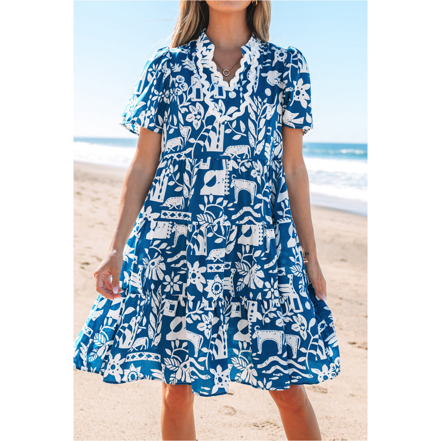 Blue Ricrac Trim Split Neck Floral Loose Dress Dresses/Floral Dresses