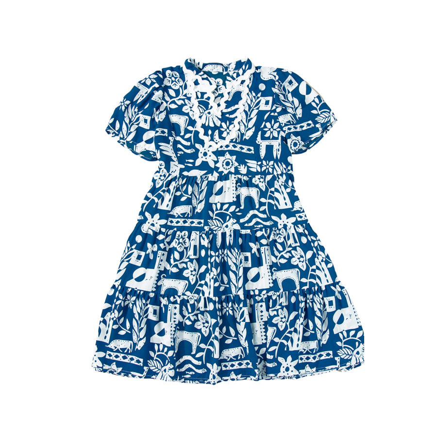 Blue Ricrac Trim Split Neck Floral Loose Dress Dresses/Floral Dresses