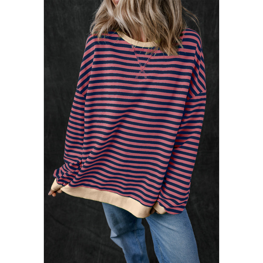 Blue Stripe Oversized Contrast Trim Pullover Sweatshirt Red Stripe / S / 95% Cotton + 5% Elastane Tops/Sweatshirts & Hoodies