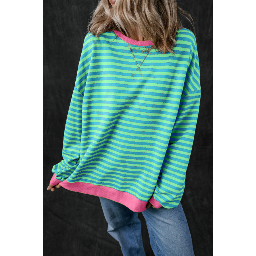Blue Stripe Oversized Contrast Trim Pullover Sweatshirt Sky Blue Stripe / S / 95% Cotton + 5% Elastane Tops/Sweatshirts & Hoodies