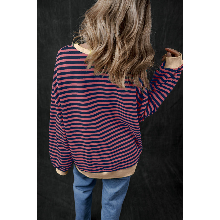 Blue Stripe Oversized Contrast Trim Pullover Sweatshirt Tops/Sweatshirts & Hoodies