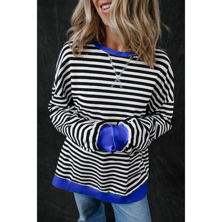 Blue Stripe Oversized Contrast Trim Pullover Sweatshirt Tops/Sweatshirts & Hoodies