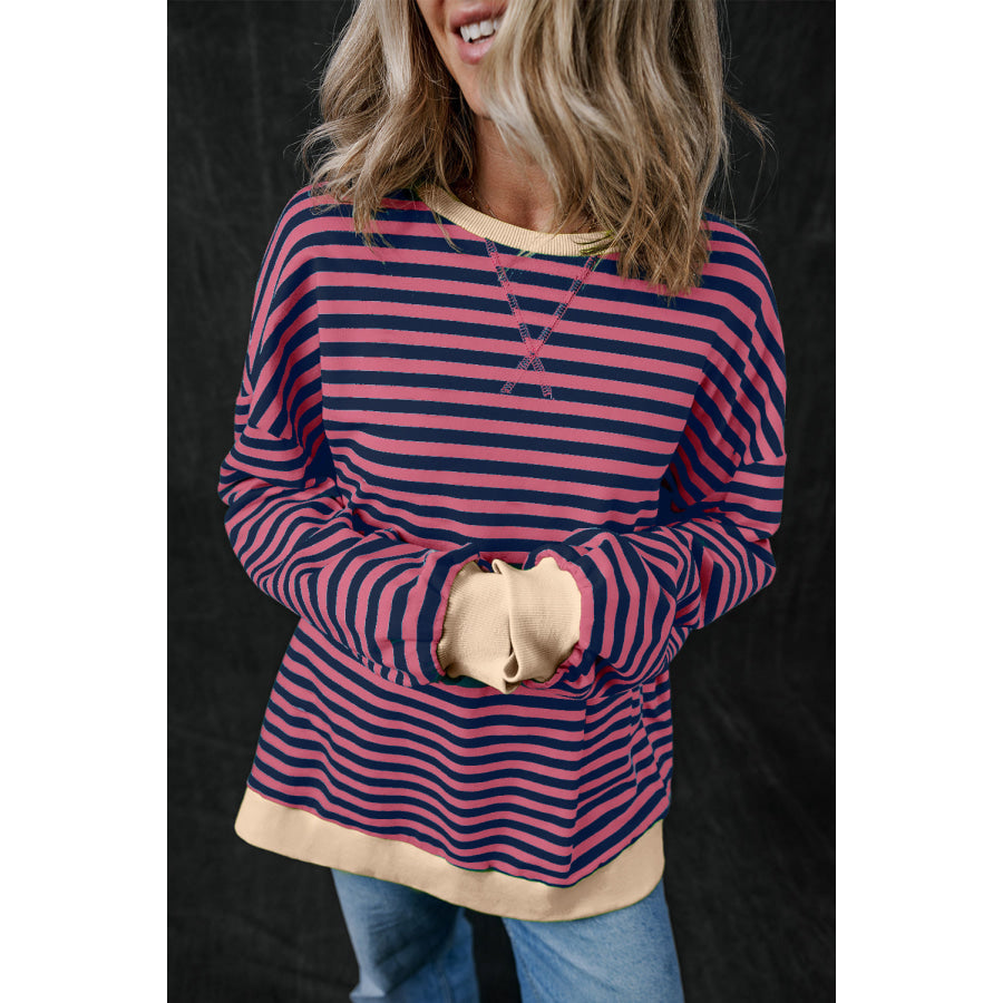 Blue Stripe Oversized Contrast Trim Pullover Sweatshirt Tops/Sweatshirts & Hoodies