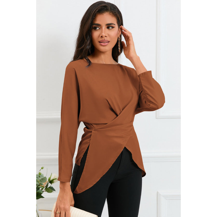 Boat Neck Back Tie Long Sleeve Satin Blouse Ochre / S