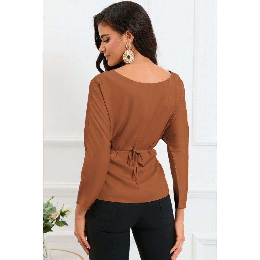 Boat Neck Back Tie Long Sleeve Satin Blouse