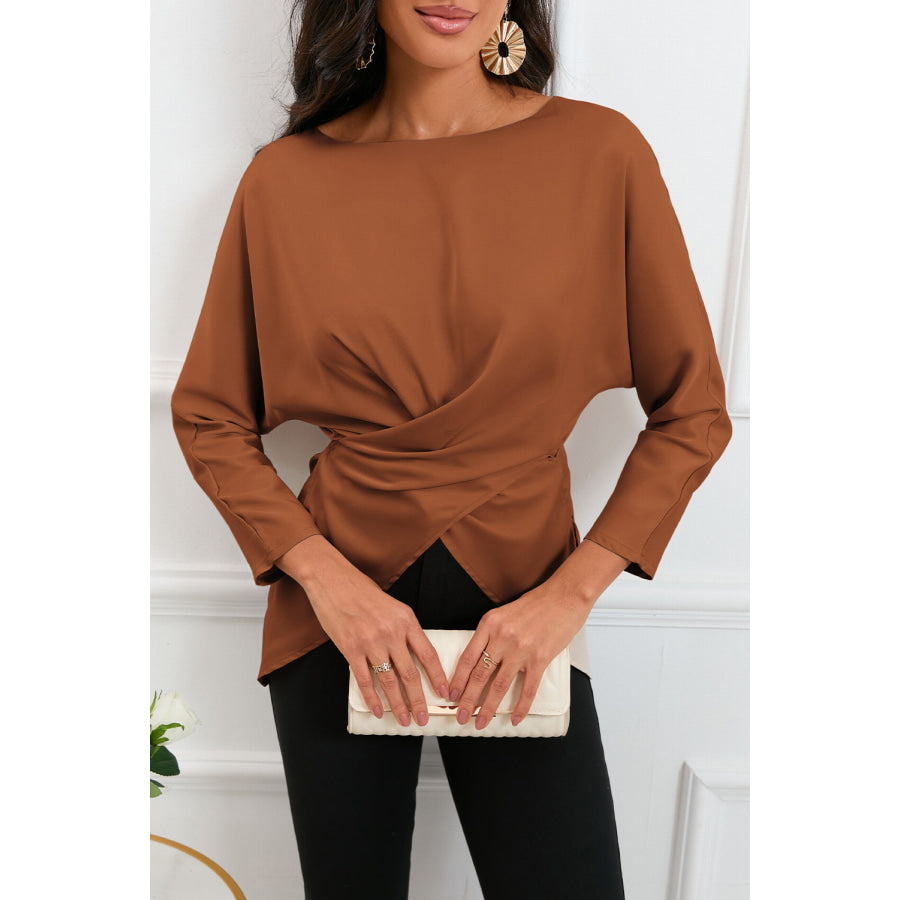 Boat Neck Back Tie Long Sleeve Satin Blouse