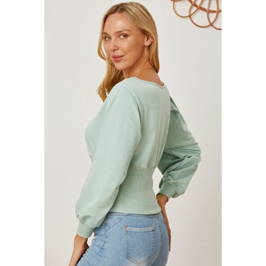 Boat Neck Lantern Sleeve Blouse Clothing