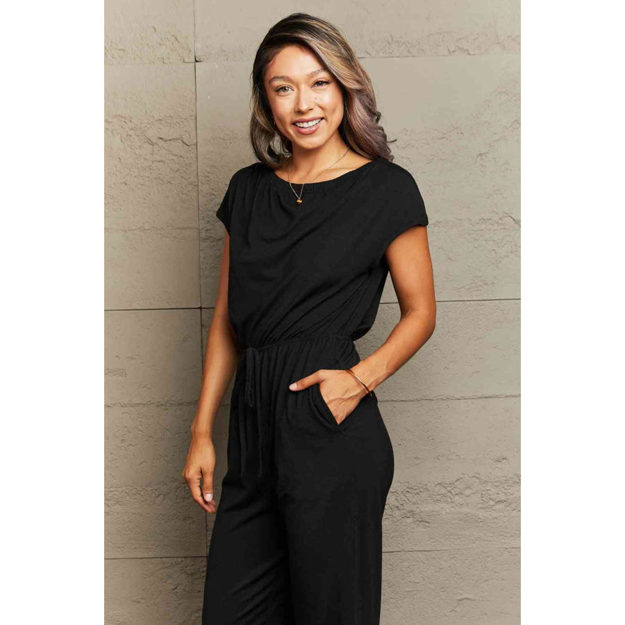 Boat Neck Short Sleeve Jumpsuit with Pockets