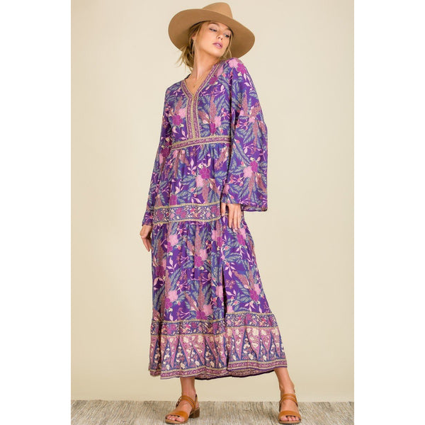 Sandee Rain Boutique Boho Dress with Long Wide Sleeves Purple