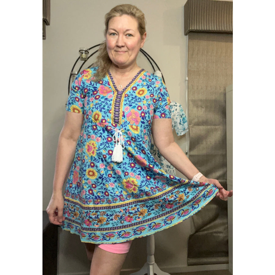 New! Boho Floral Mini Dress with Tassel Tie Dresses
