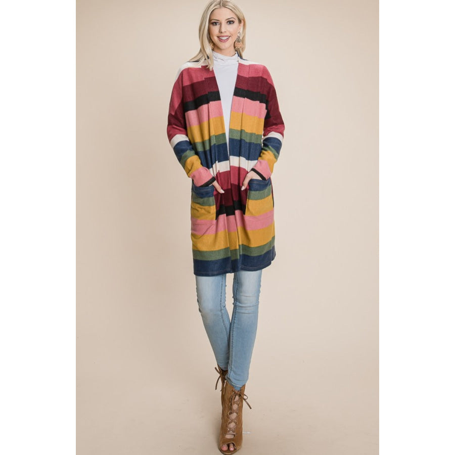 BOMBOM Color Block Striped Open Front Cardigan Apparel and Accessories