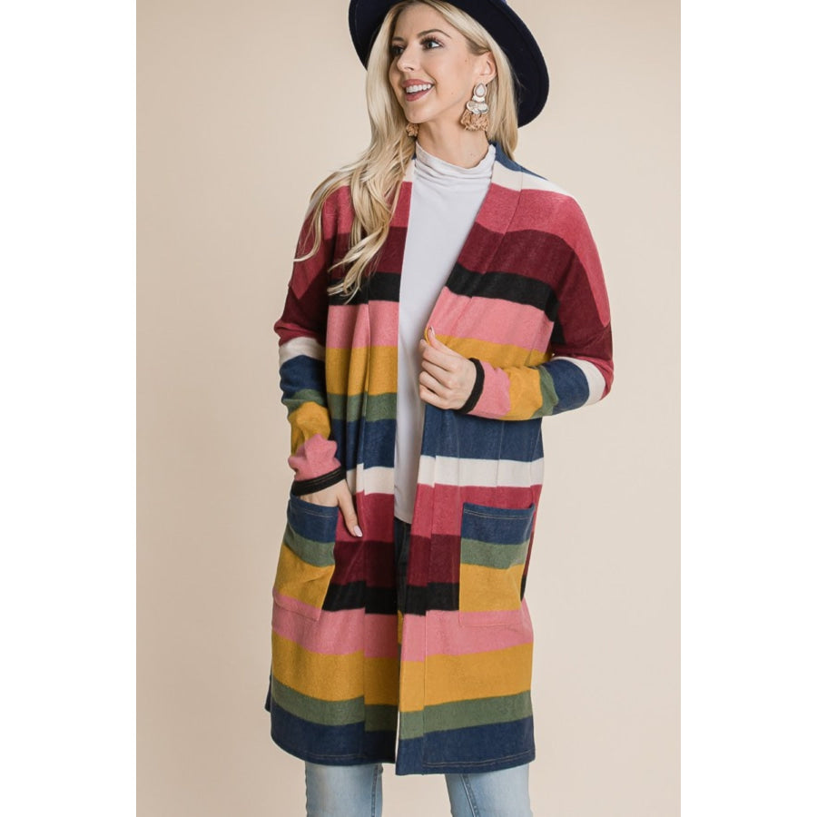 BOMBOM Color Block Striped Open Front Cardigan Apparel and Accessories
