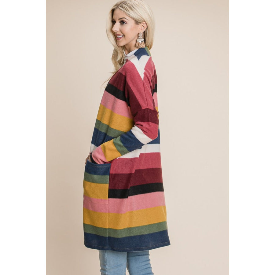 BOMBOM Color Block Striped Open Front Cardigan Apparel and Accessories