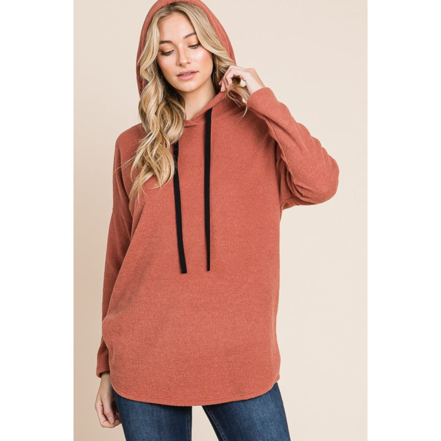 BOMBOM Contrast Drawstring Drop Shoulder Knit Hoodie Apparel and Accessories