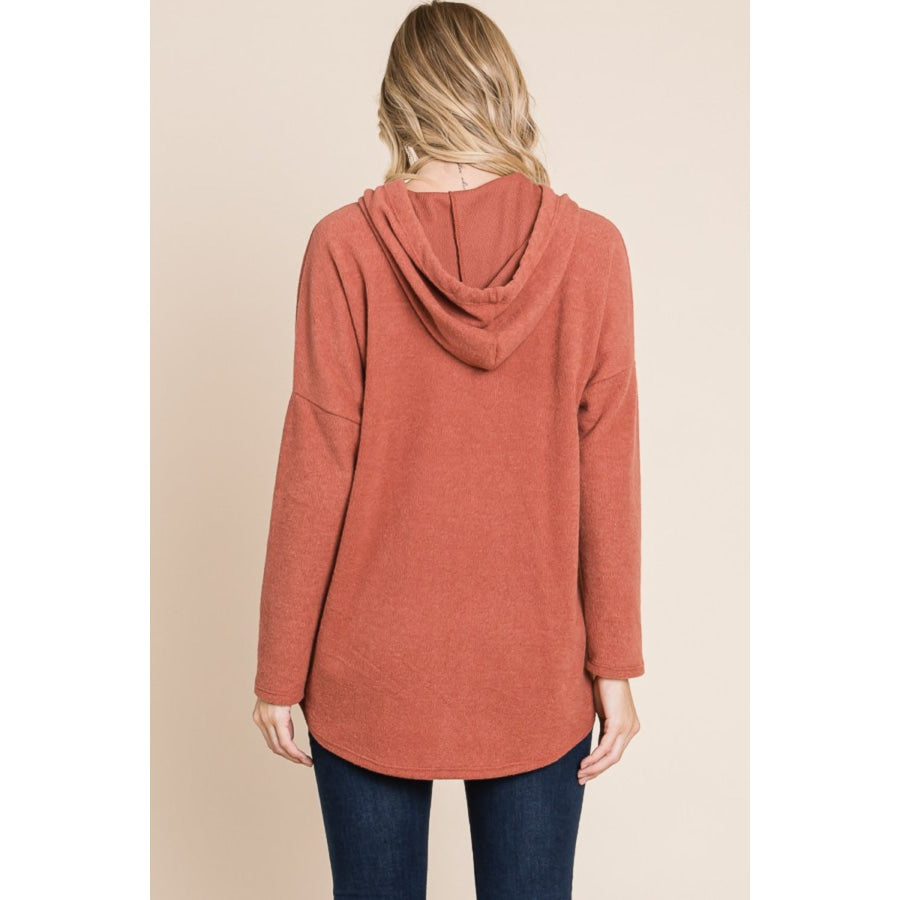 BOMBOM Contrast Drawstring Drop Shoulder Knit Hoodie Brick / S Apparel and Accessories