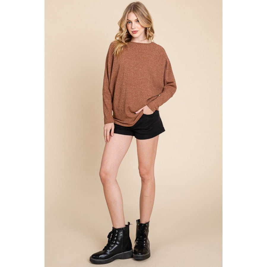BOMBOM Drop Shoulder Long Sleeve Knit Top Apparel and Accessories