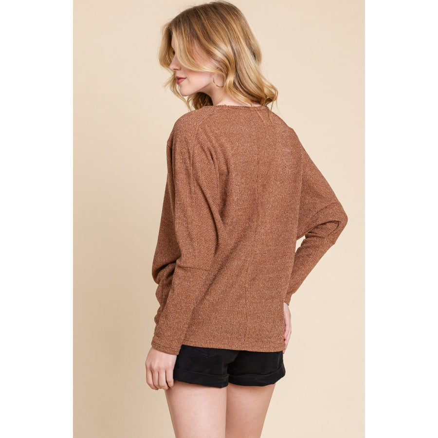 BOMBOM Drop Shoulder Long Sleeve Knit Top Camel / S Apparel and Accessories