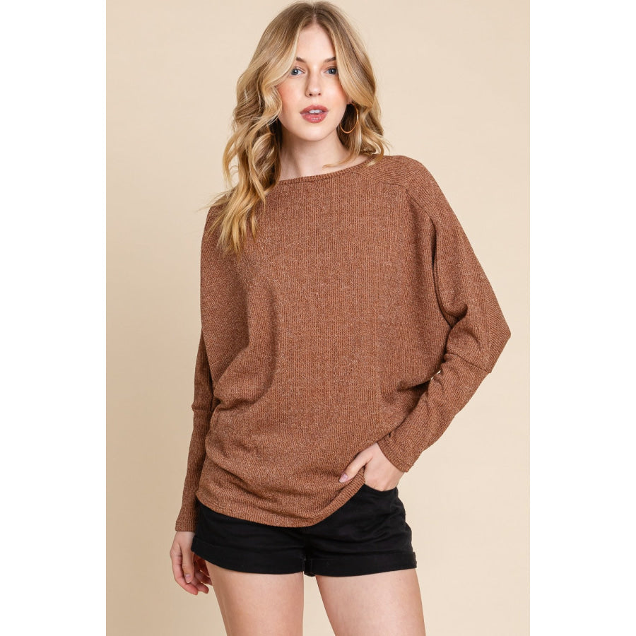 BOMBOM Drop Shoulder Long Sleeve Knit Top Camel / S Apparel and Accessories