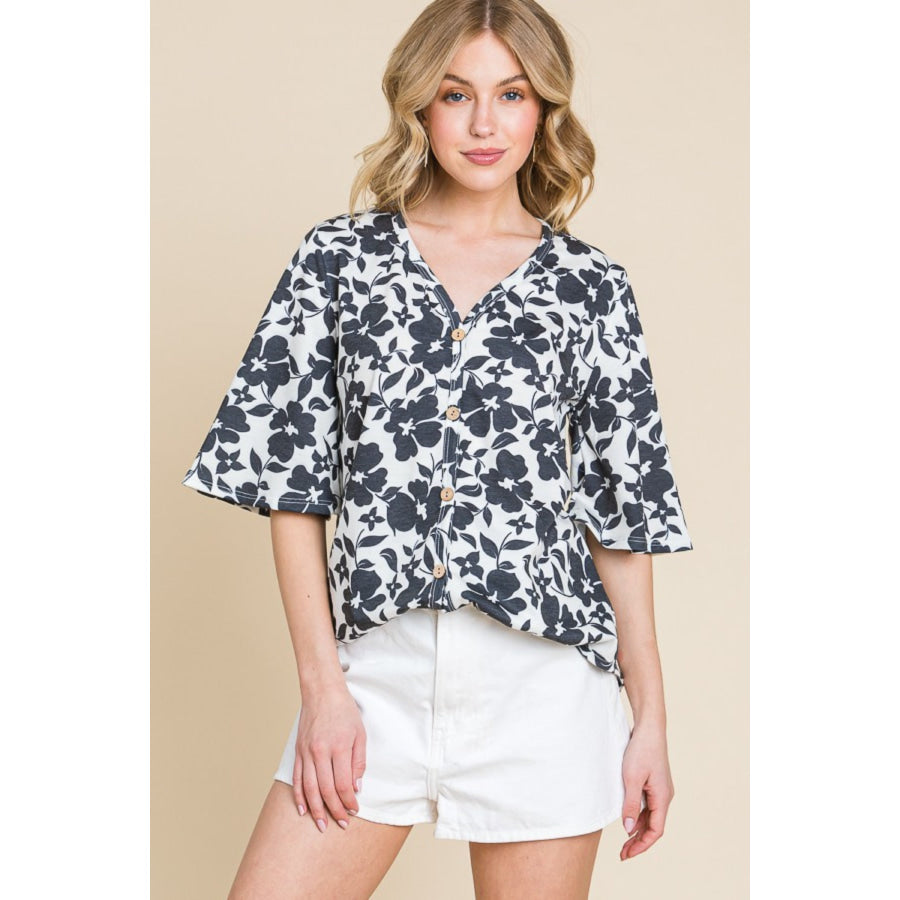 BOMBOM Floral Decorative Button V-Neck Top Apparel and Accessories