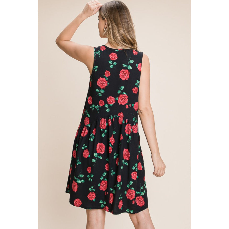BOMBOM Floral Ruched Tank Dress Apparel and Accessories