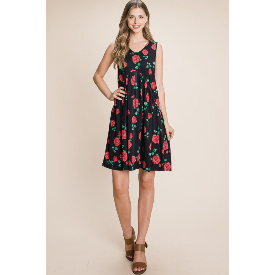 BOMBOM Floral Ruched Tank Dress Apparel and Accessories