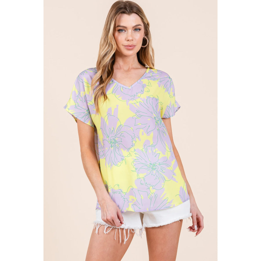 BOMBOM Floral Short Sleeve T-Shirt Lilac-Yellow / S Apparel and Accessories