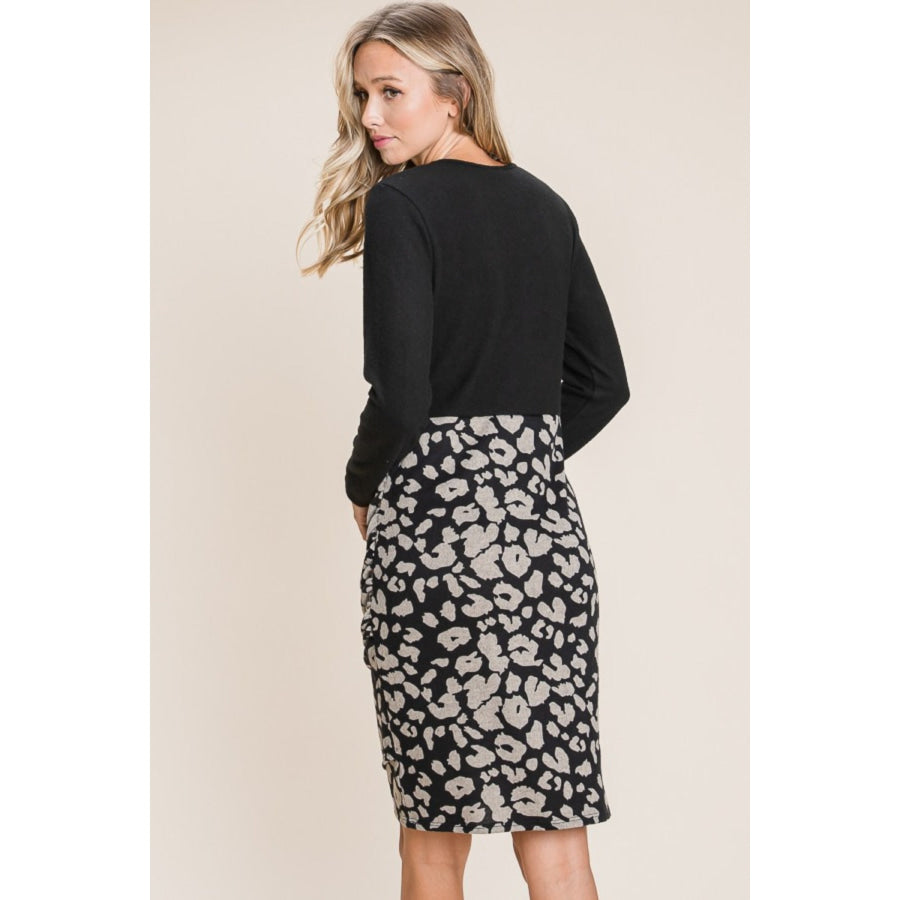 BOMBOM Leopard Color Block Knit Dress Black / S Apparel and Accessories