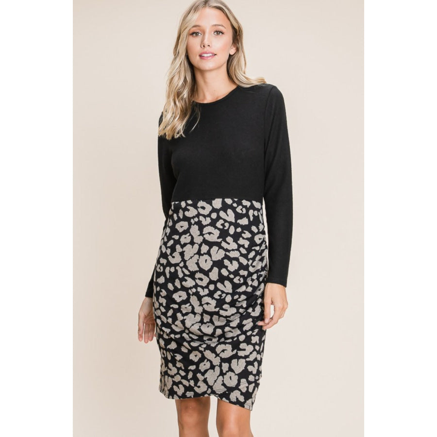 BOMBOM Leopard Color Block Knit Dress Black / S Apparel and Accessories