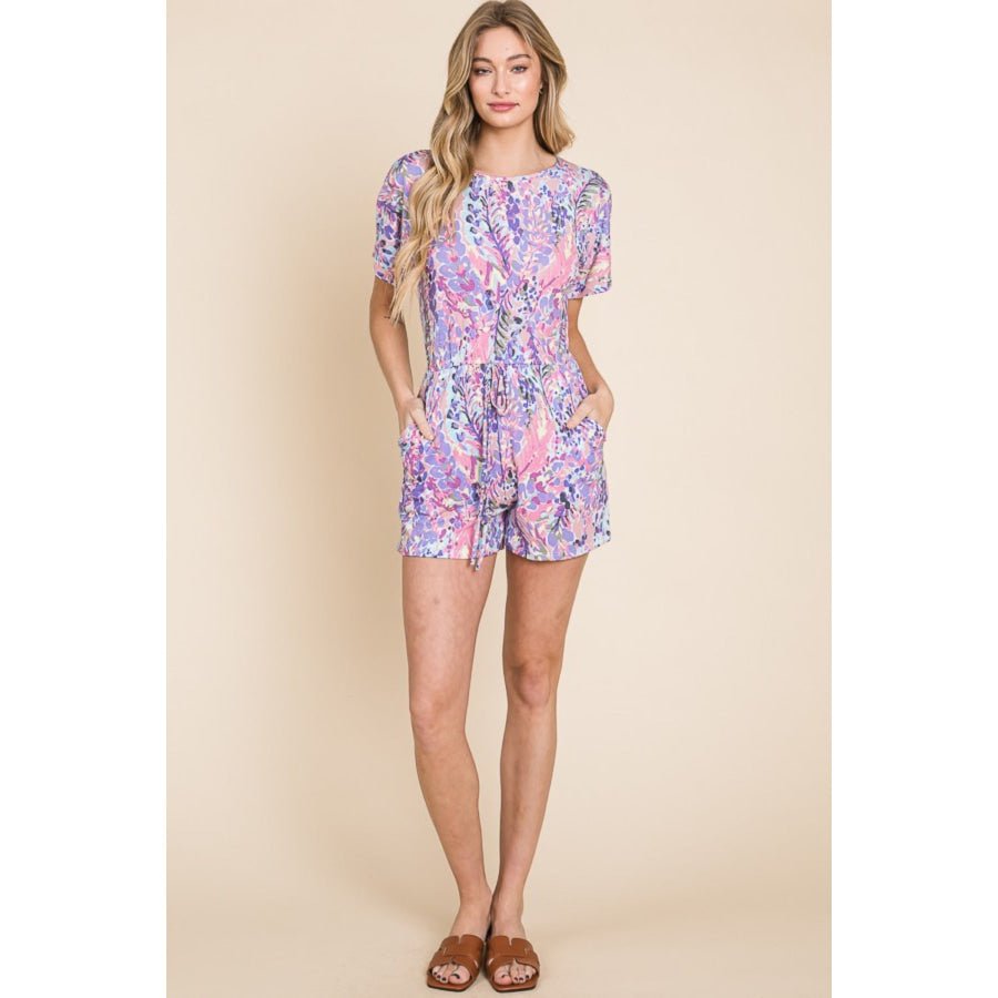 BOMBOM Print Short Sleeve Romper with Pockets Apparel and Accessories