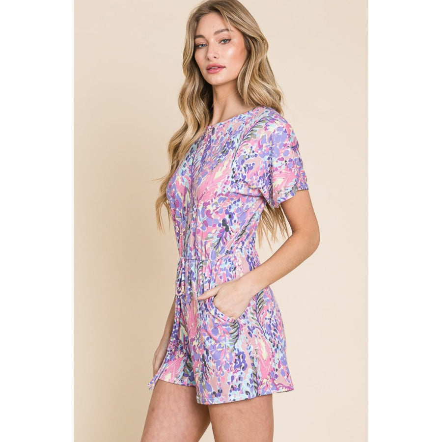BOMBOM Print Short Sleeve Romper with Pockets Apparel and Accessories