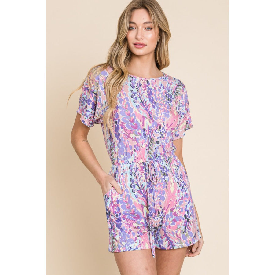 BOMBOM Print Short Sleeve Romper with Pockets Plum / S Apparel and Accessories