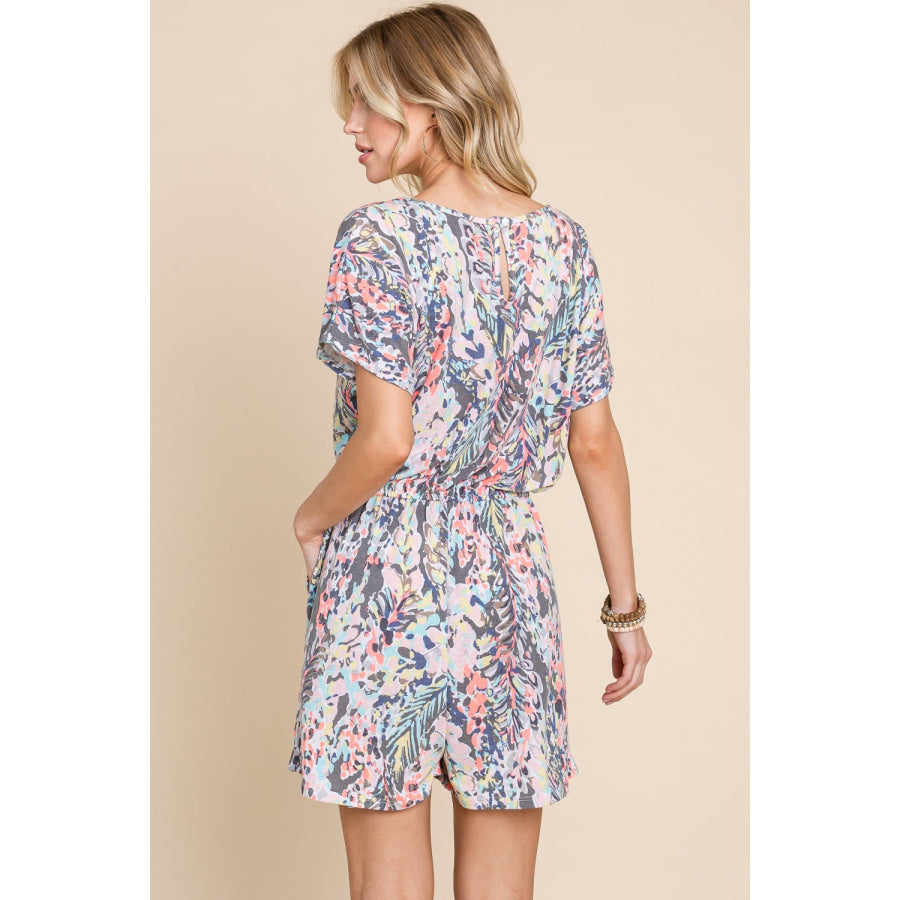 BOMBOM Printed Short Sleeve Drawstring Romper Apparel and Accessories