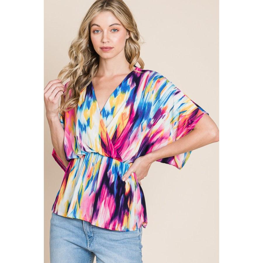 BOMBOM Printed Surplice Peplum Blouse Apparel and Accessories